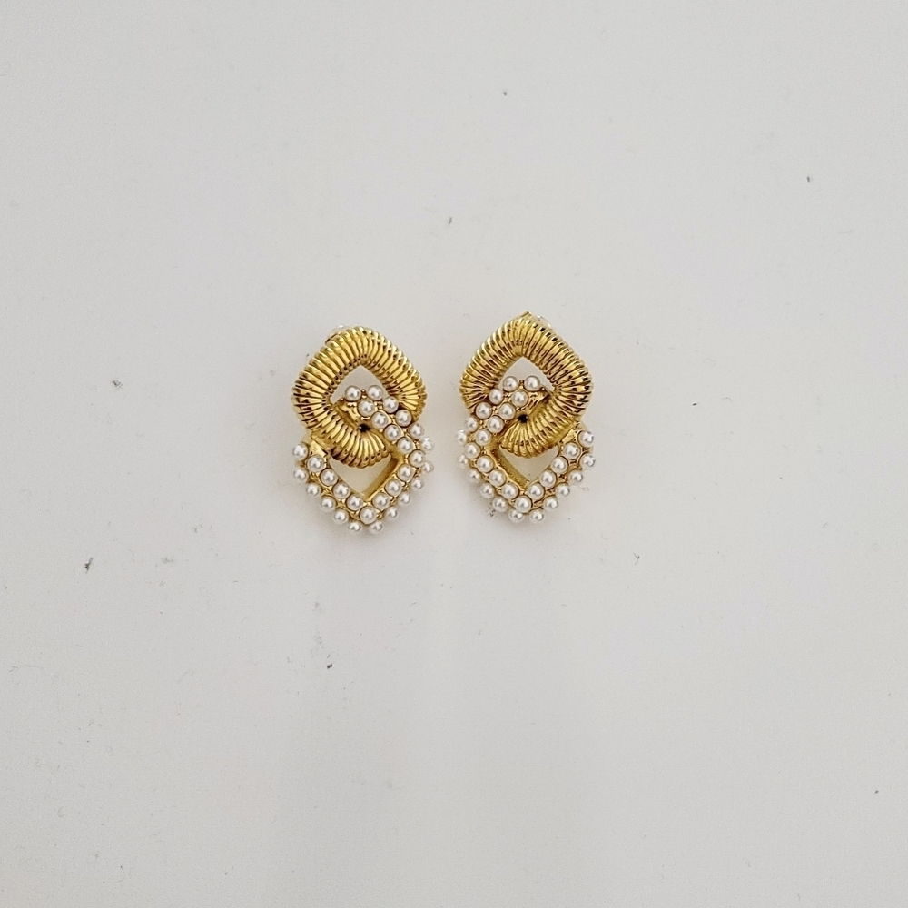 Stainless steel gold tone geometric pearl earrings new - Picture 5 of 6